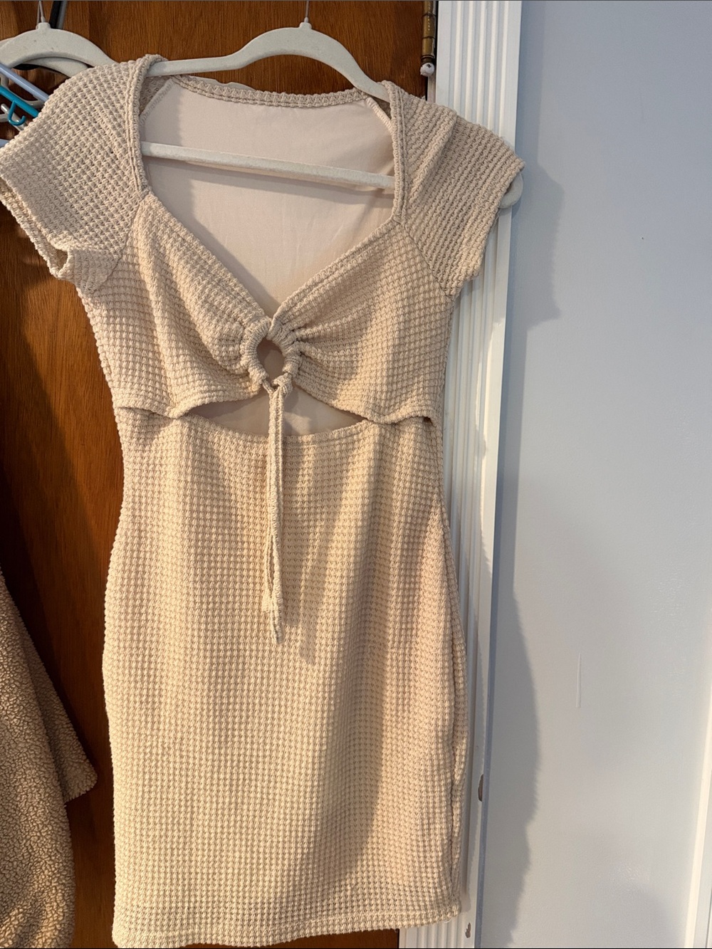 SHEIN Cream Knit Tie-Front Mini Dress